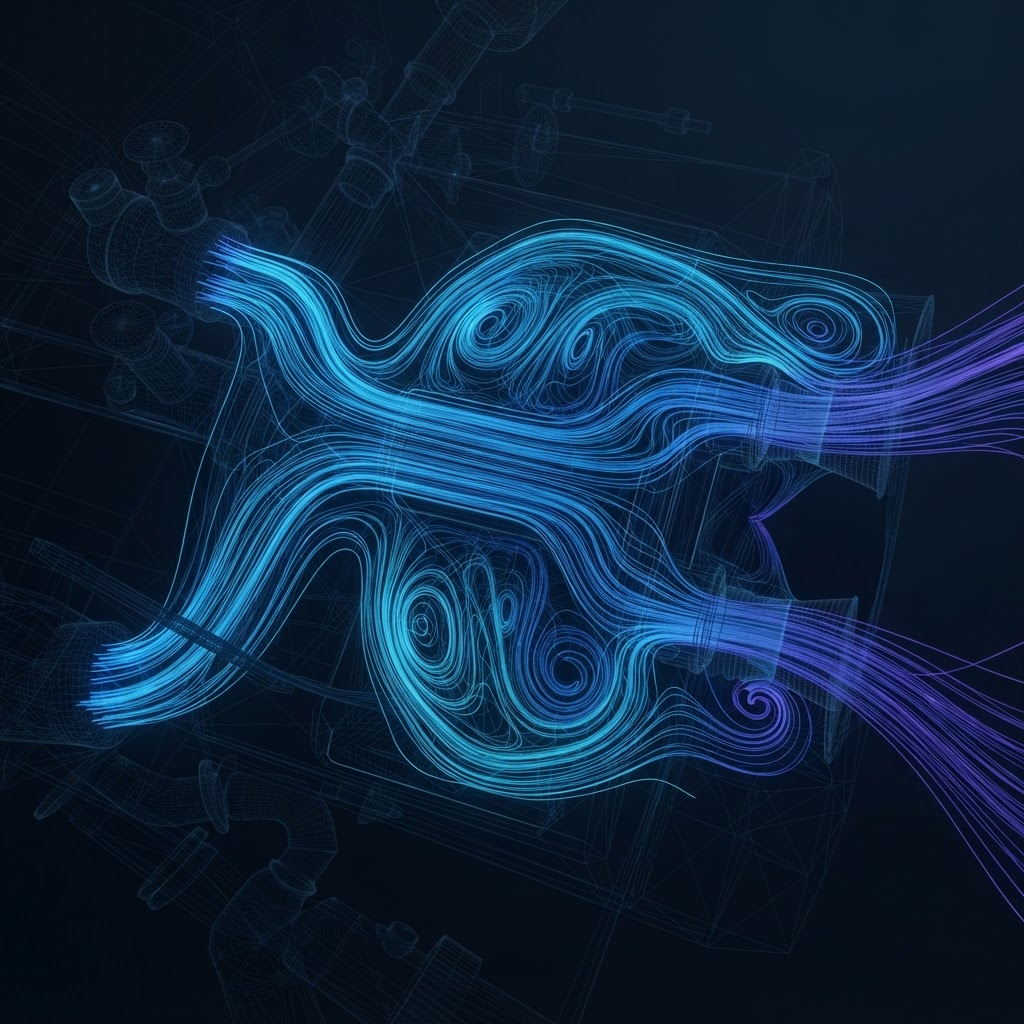 Abstract visualization of densified cryogenic methane fuel flow with methane-blue and violet gradient streamlines